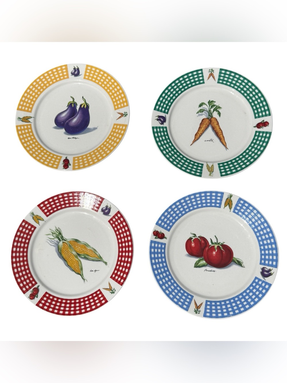 Vintage Cottagecore Vegetable Dinner Plate Set Farmhouse Garden Party Gingham